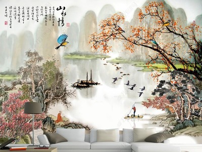 中式山水情水墨山水憶江南背景墻壁畫(huà)